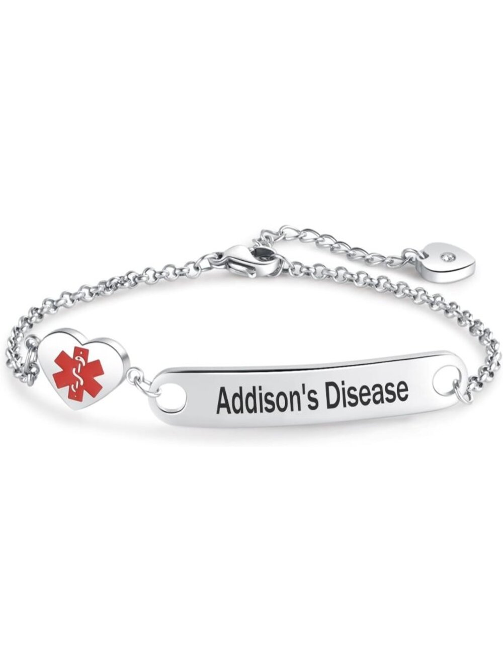 Women's Addison's Disease Heart Medical Alert Stainless Steel Chain Bracelet